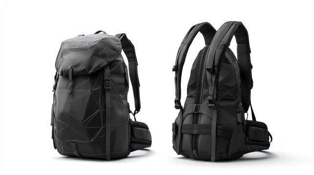 Graphic black backpack with angular line art, padded back support, and ergonomic shoulder straps, isolate on white background