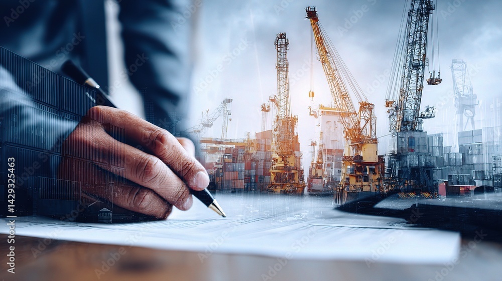 Poster man signing export documents at shipyard with cranes in background