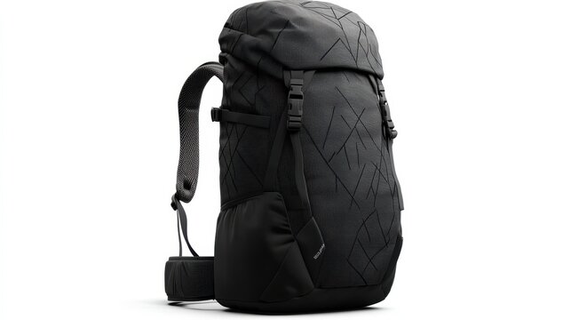 Graphic black backpack with angular line art, padded back support, and ergonomic shoulder straps, isolate on white background