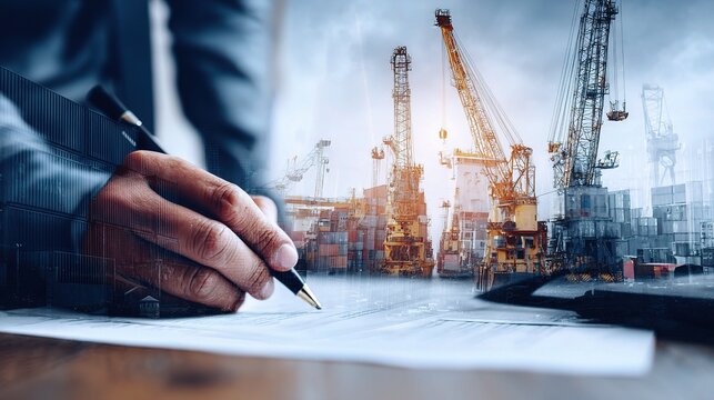 Man Signing Export Documents at Shipyard with Cranes in Background