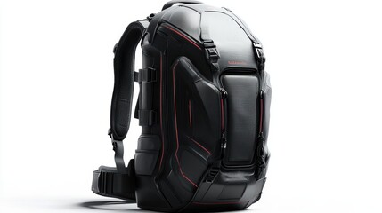 High-quality black backpack with futuristic graphic design, ergonomic padded straps, and large zippered compartments, isolate on white background