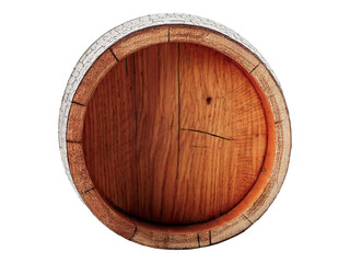 Rustic wooden barrel viewed from above, showcasing its rich, warm-toned interior and textured exterior.