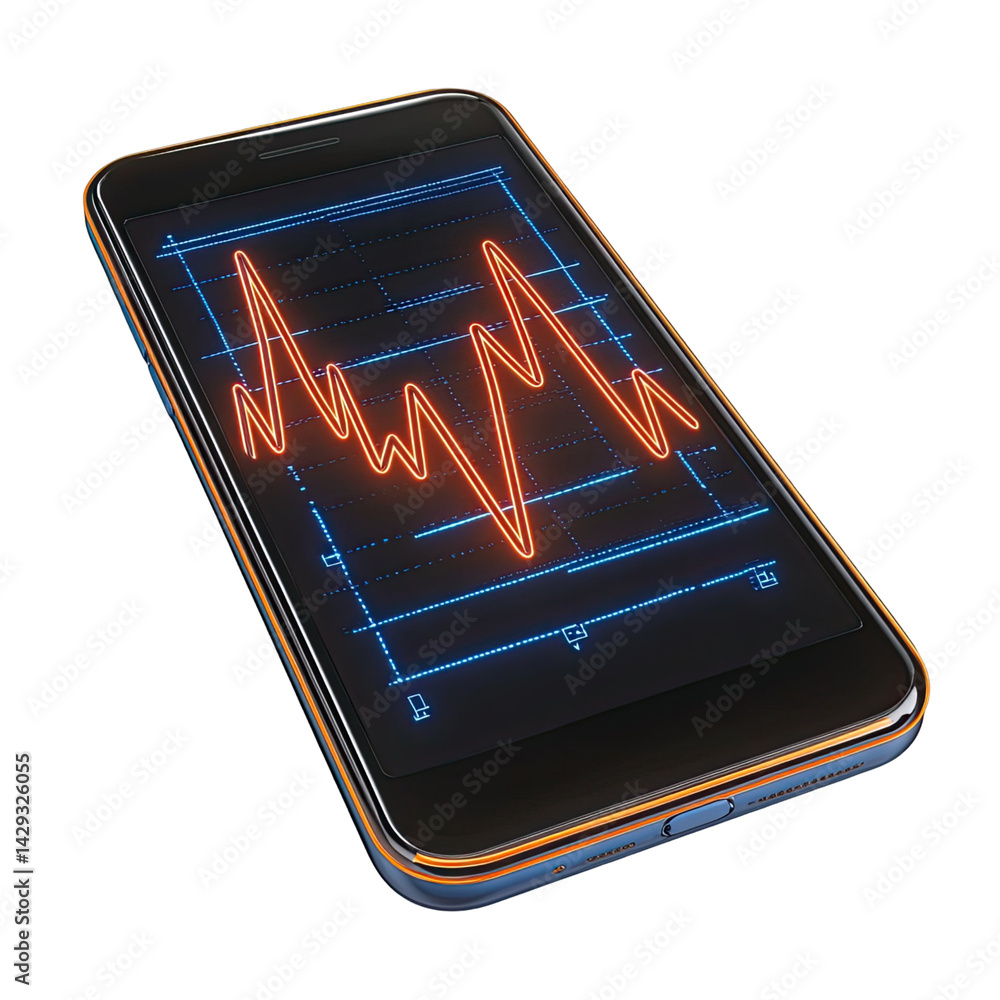 Poster smartphone displaying a neon orange waveform chart on a dark screen with blue gridlines against a tr