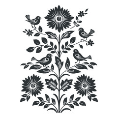 Vector linocut floral poster template with birds. Modern trendy minimal style. Black and white colors. Botanical blockprint. Design for wallpaper, wall decor, print, postcard, cover, template.