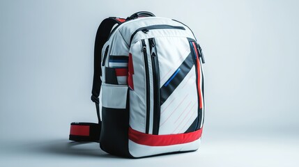 Urban-inspired white backpack with bold graphic patterns and reflective accents, isolate on white background