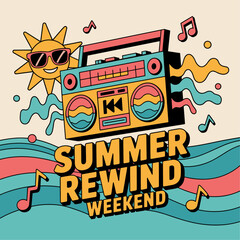 Vibrant Summer Rewind Weekend Logo Vector Design with Retro 2000s Theme, Beach Party Elements, Sun and Waves, Rewind Arrow, Cassette Tape, Boombox, Fun Typography for Summer Event Branding