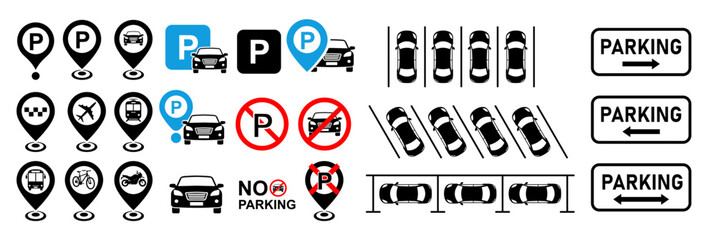 parking sign set. No parking and parking for car, cycle, bike, bus, train etc. parking system for car icons. vector signs eps.