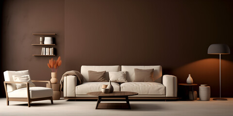 Interior delight of a cozy living room with dark chocolate brown walls 