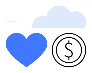 Blue heart beside a light cloud and a dollar-marked coin symbolizing love, technology, and finance. Ideal for business, finance, health, cloud computing, charity, simplicity and a clean landing page