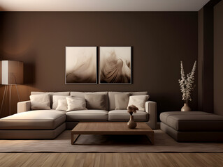 Interior delight of a cozy living room with dark chocolate brown walls 