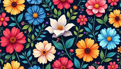 Intricate floral pattern, vibrant blooms seamlessly repeating, flowers, leaf, blossom