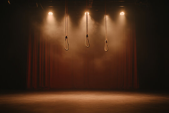Dramatic Stage: Three nooses hang under spotlights, casting a dark, ominous atmosphere. A red curtain adds to the intense theater drama.