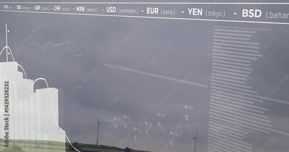 Poster wind turbines generating green energy over rolling hills displaying dynamic financial charts