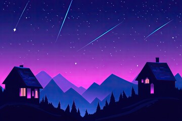 Fototapeta premium Nighttime mountain village with shooting stars