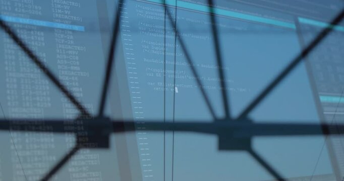 X-braced window frame projecting JavaScript code overlay revealing clear sky, 3D render