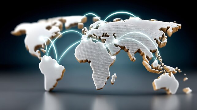 Fototapeta A glowing holographic network spanning continents on a dark world map with linking lines and data nodes pulsing in blue light
