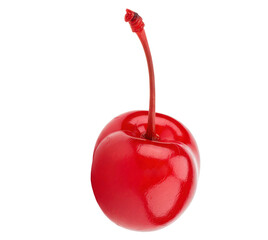 Single red maraschino cherry isolated background.