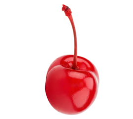 Single red maraschino cherry isolated background.