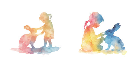 abstract color silhouette of child petting rabbit watercolor vector illustration