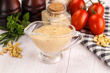 Delicious walnut creamy sauce in the bowl