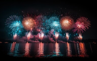 Festive fireworks reflection in water at night
