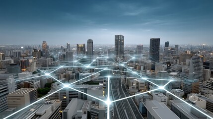 A stylized global network grid overlay on a night time cityscape with linking lines connecting major urban centers