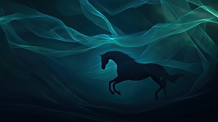   A horse standing in a dimly lit room with blue and green swirling wall patterns