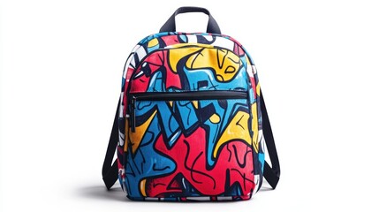 White backpack with graffiti-style graphic design and durable straps, perfect for city commuting, isolate on white background