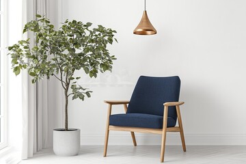 Modern, cozy corner featuring a navy blue armchair,  a small plant, and a minimalist pendant light