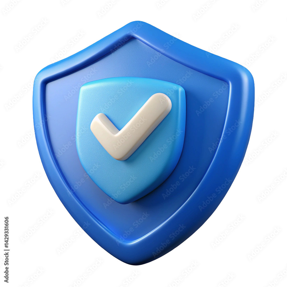 Poster blue shield icon with a checkmark, symbolizing security and trust in digital platforms.