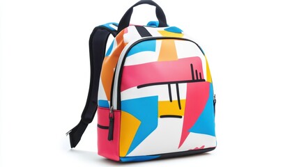 White backpack with neon graphic designs, featuring adjustable shoulder straps and water-resistant material, isolate on white background