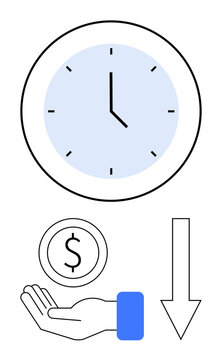 Clock, hand holding coin, and downward arrow symbolizing financial savings, cost reduction, and time efficiency. Ideal for time management, finance, productivity, budgeting expense reduction