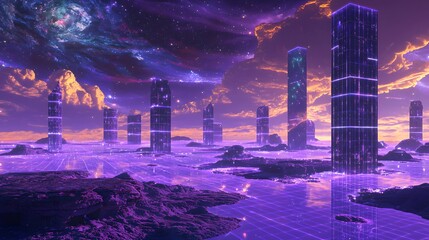 Futuristic Landscape with Neon Towers and Cosmic Background