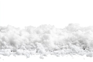 Fresh snow, isolated on white background.  A close-up view of fluffy, white snow, piled up in a horizontal line.  The snow appears soft and voluminous, with various sizes of snow clumps