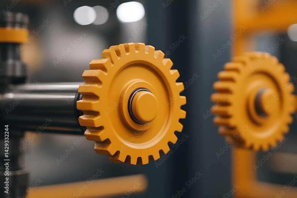 Poster mechanical gears: interlocking components of a machinery system in yellow and gray, showcasing engin