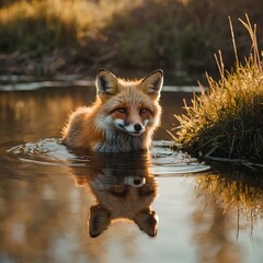 Fox drinking water from a pond