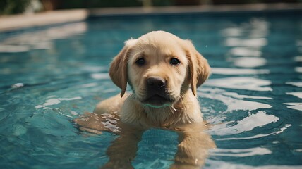 Golden labrador retriever puppy in swimming pool
