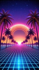 Neon Grid Desert Synthwave Wallpaper