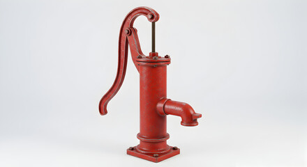 Weathered Red Water Hand Pump on White Background Industrial Design Vintage Equipment