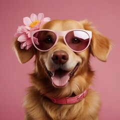 Dog with sunglasses against a vibrant pink background, fun and joyful vibe