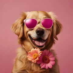 Dog with sunglasses on pink background. Enjoyment and summer vibe.