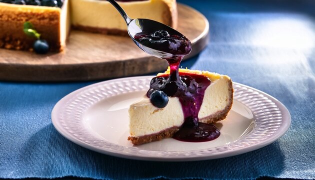 spoon with blueberry jam pouring over piece of classic cheesecake plate with sweet delicious cheese cake on table