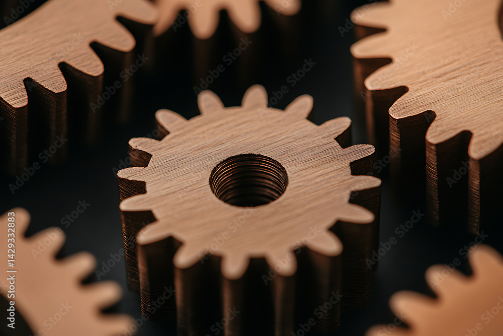 Poster wooden gears close-up: interlocking elements symbolize teamwork and precision engineering in dark li