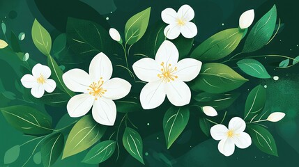 Obraz premium A dark green backdrop featuring white flowers and green foliage, allowing room for text or images