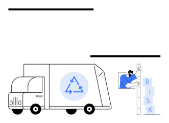 Recycling truck with an eco logo parked near a utility pole. Worker balances risk blocks. Ideal for recycling, environmental responsibility, workplace safety, energy efficiency, sustainable