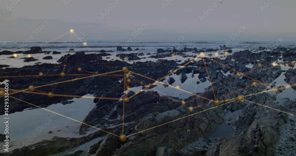 Poster flat design network overlay floating above rocky shoreline, with golden nodes and luminous lines