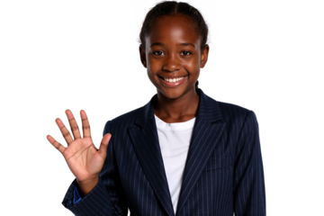 Friendly young Black businesswoman wearing a professional dark blazer over a white top, offering a warm smile while waving her right hand in a welcoming 'hello' or cheerful 'goodbye' gesture