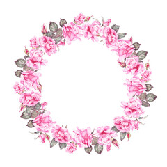 Watercolor hand drawn illustration of a wreath of flowers. Wreath of watercolor roses. Decor for wedding, birthday, children's party and seasonal holidays.