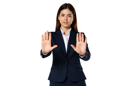 Serious young businesswoman dressed in a formal dark blue suit and white shirt, decisively holding up both hands with open palms facing forward in a universal 'stop', 'halt', or number 'ten' gesture - Powered by Adobe