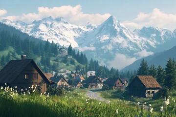 Obraz premium Mountain escape featuring hidden peak secluded mountain town towering snow capped range winding road leading cozy isolated village landscape breathtaking cinematic lighting soft natural tone perfectly